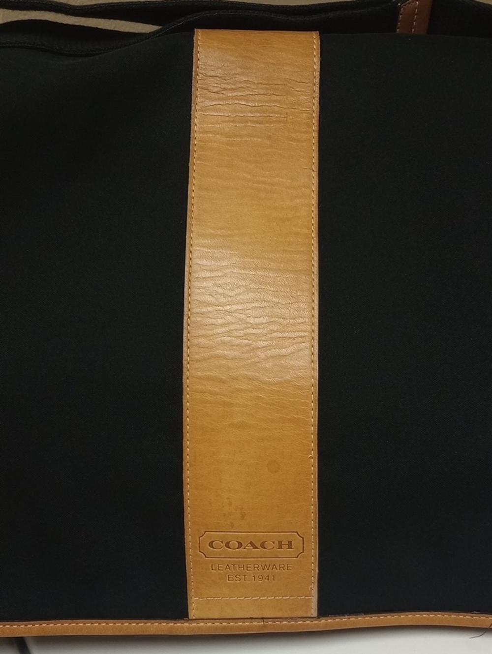 COACH "HUDSON" MESSENGER LAPTOP BUSINESS TRAVEL BLACK BAG WITH TAN LEATHER TRIM - Picture 2 of 16